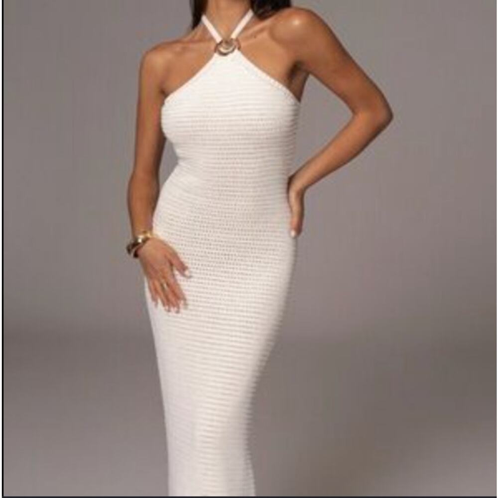 JLUXLABEL Overseas Open Stitch Resort Maxi Dress in White Ivory Large